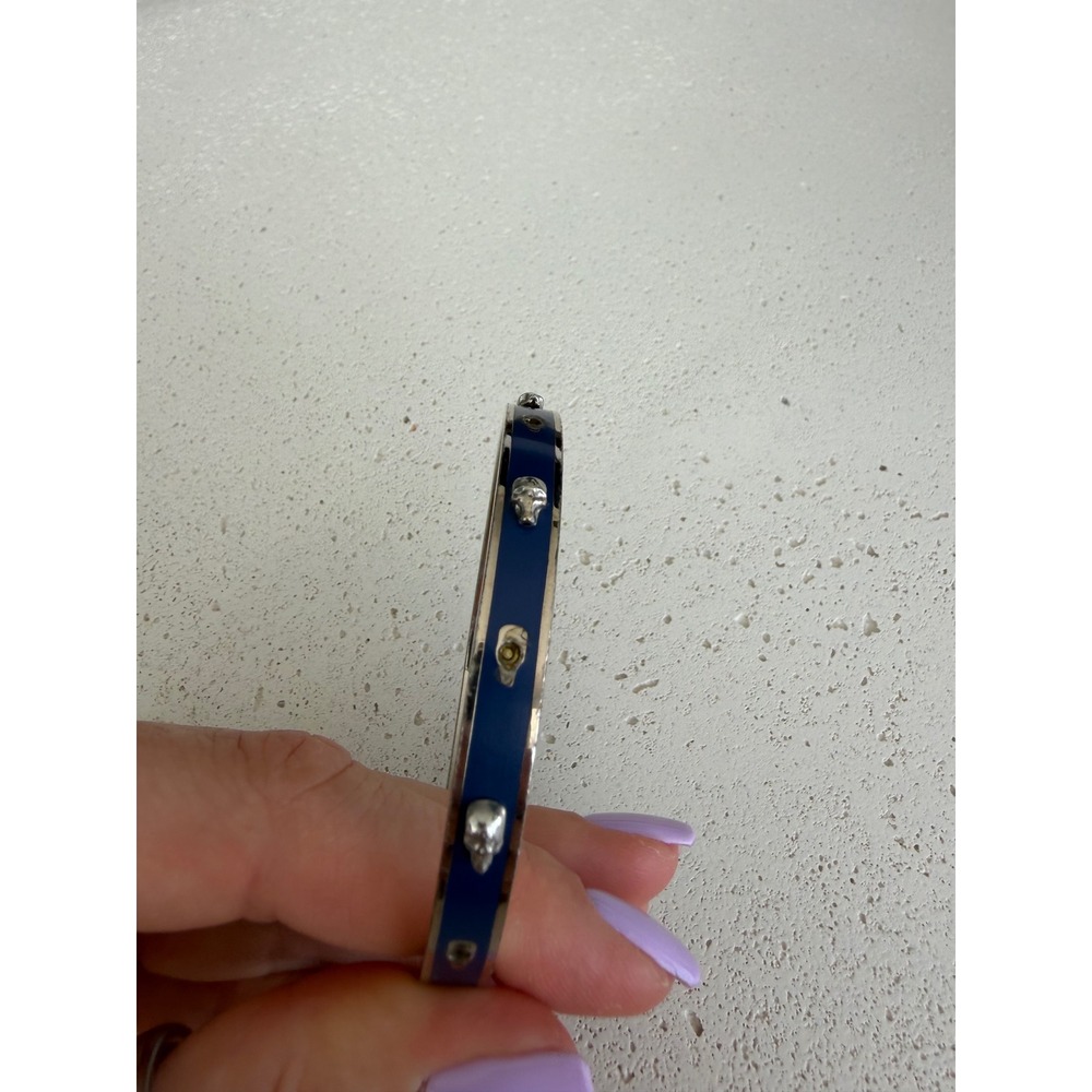 Alexander McQueen Navy Blue Enamel Silver Skull Bangle Bracelet Designer Jewelry - Picture 8 of 10